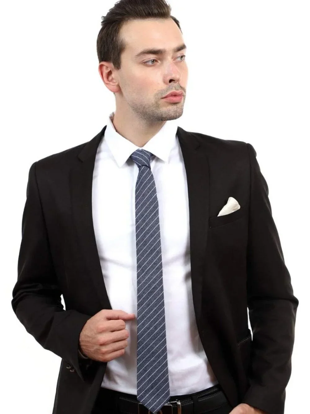 Men White Blue Stripes Heather Cotton Linen Textured Formal Necktie For Business